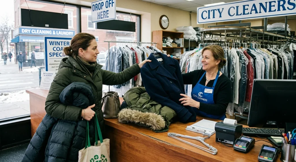 Customer dropping off winter coats at a dry cleaner.