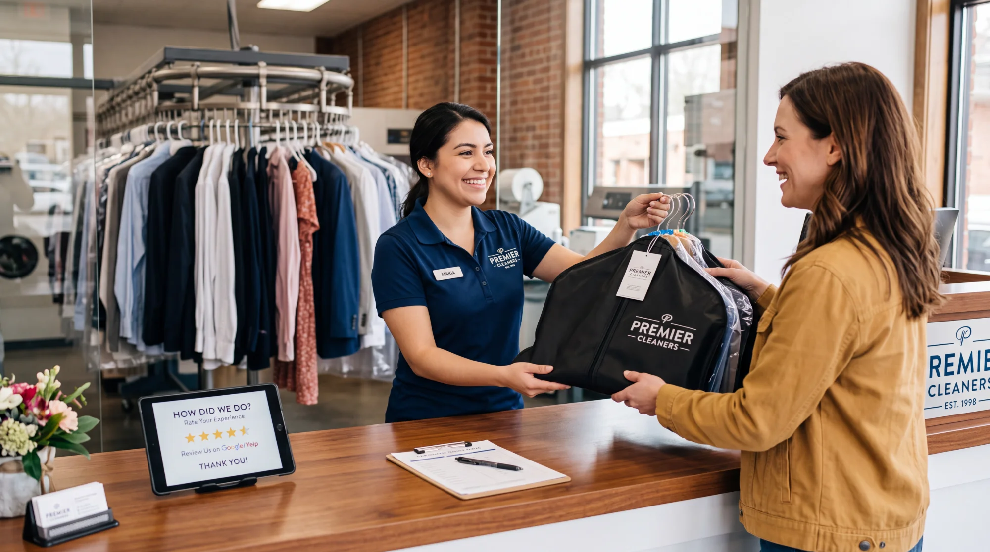 Customer collecting a completed dry cleaning order from a friendly employee.