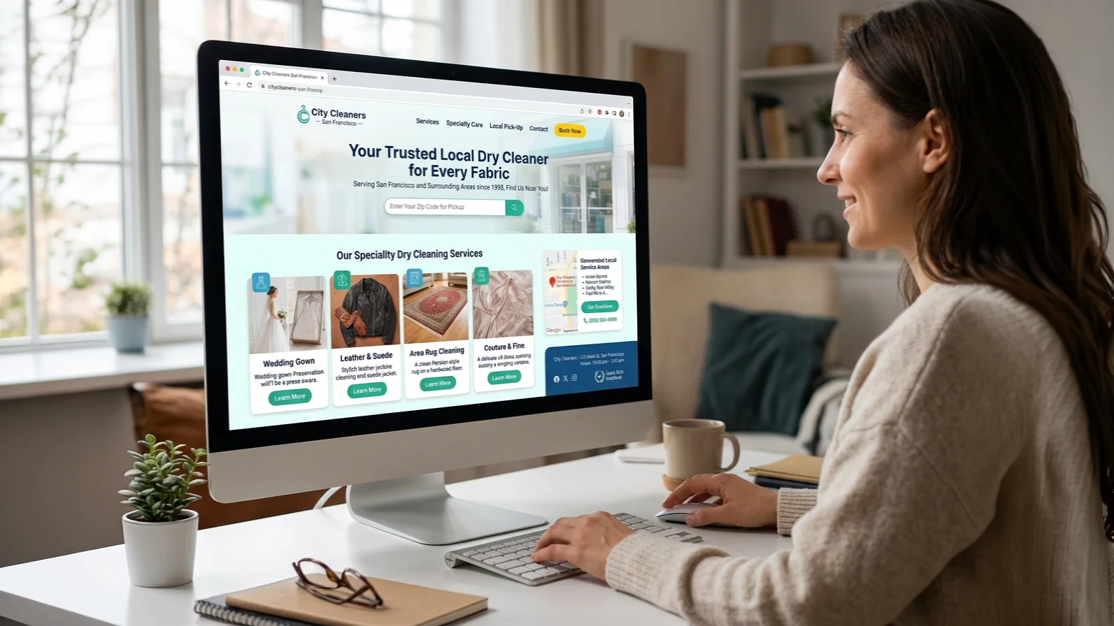 Woman browsing a dry cleaner website.