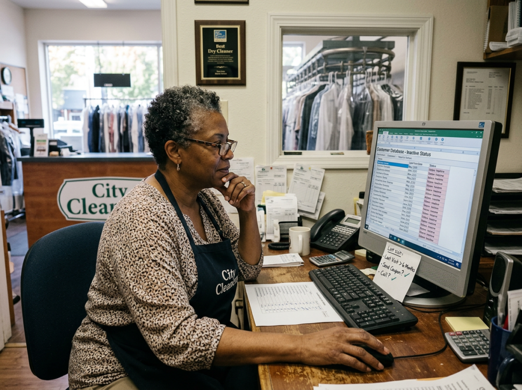 Dry cleaner owner reviewing a customer database — Dry cleaner reviewing inactive customers for a win-back campaign