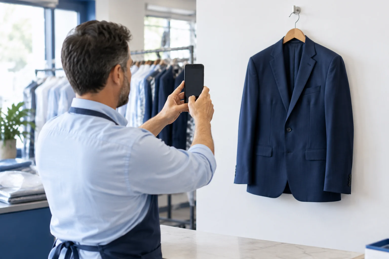 Commercial photograph of a dry cleaning shop owner at the counter using a smartphone to photograph a freshly pressed navy suit hanging on a hanger against a clean white wall.