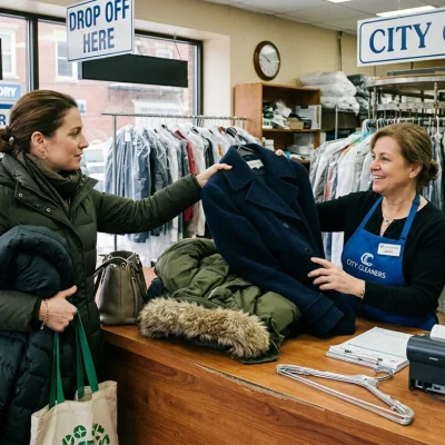 Customer dropping off winter coats at a dry cleaner.