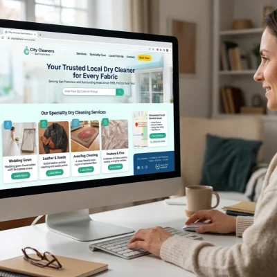 Woman browsing a dry cleaner website.