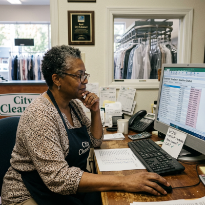 Dry cleaner owner reviewing a customer database — Dry cleaner reviewing inactive customers for a win-back campaign