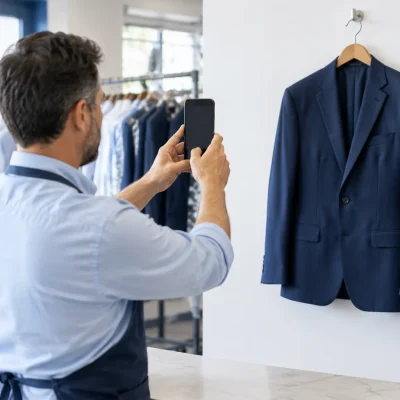 Commercial photograph of a dry cleaning shop owner at the counter using a smartphone to photograph a freshly pressed navy suit hanging on a hanger against a clean white wall.