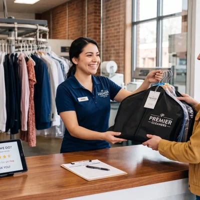Customer collecting a completed dry cleaning order from a friendly employee.